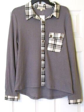 Above and Beyond Women's Gray Top with Black and White Plaid Trim Size Large